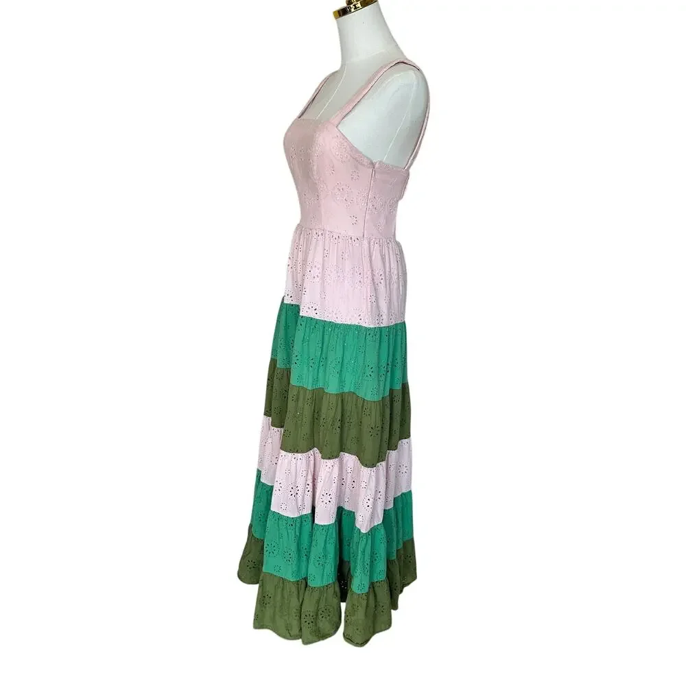 Slate & Willow Green Pink Tiered Ruffle Maxi Dress Size 0 Eyelet Cotton $310 - Picture 6 of 10
